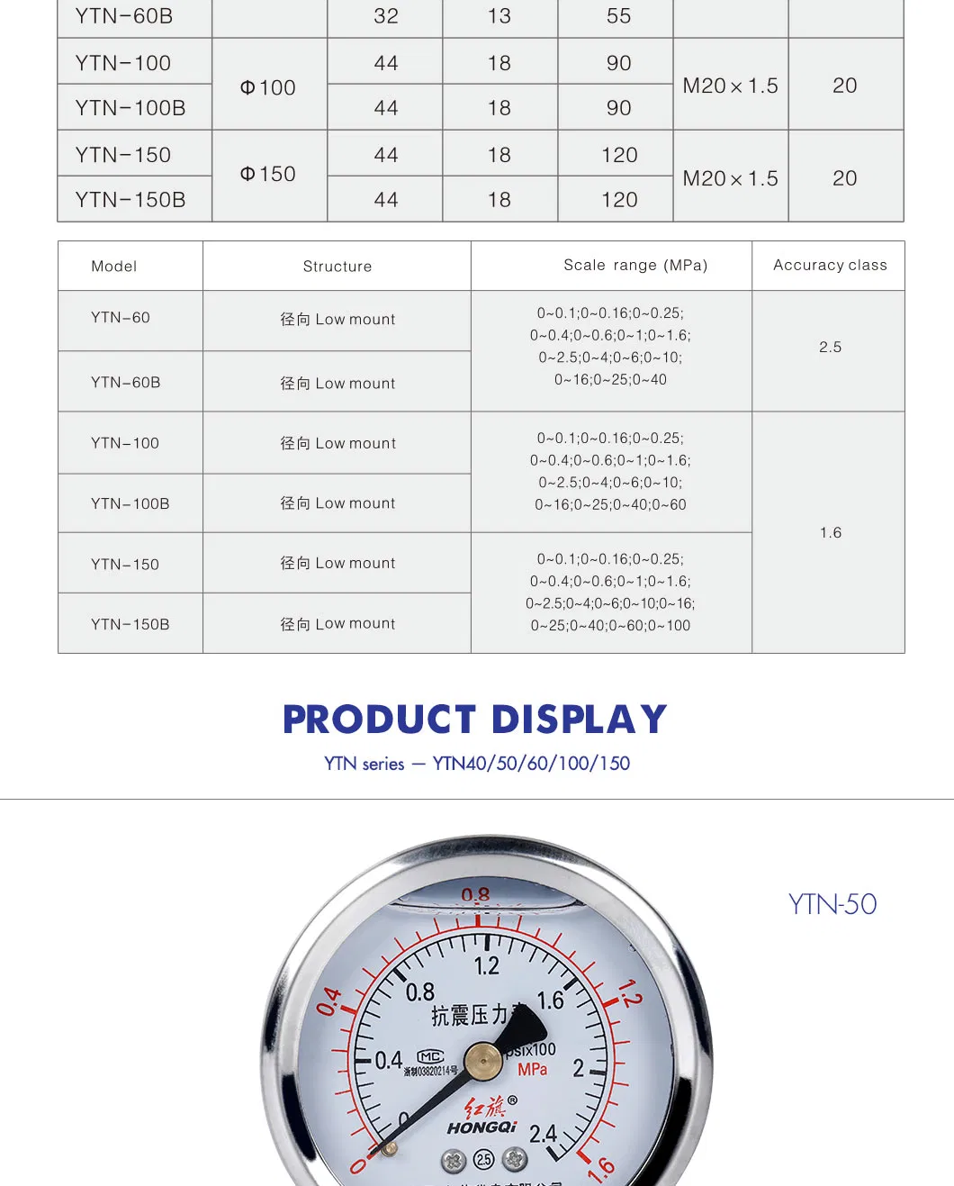 Hongqi ® 2.0" Machinery Liquid Burdon Tube Pressure Gauge with Compound Scale Pointer Reading Manometer Manufacture in Zhejiang Province