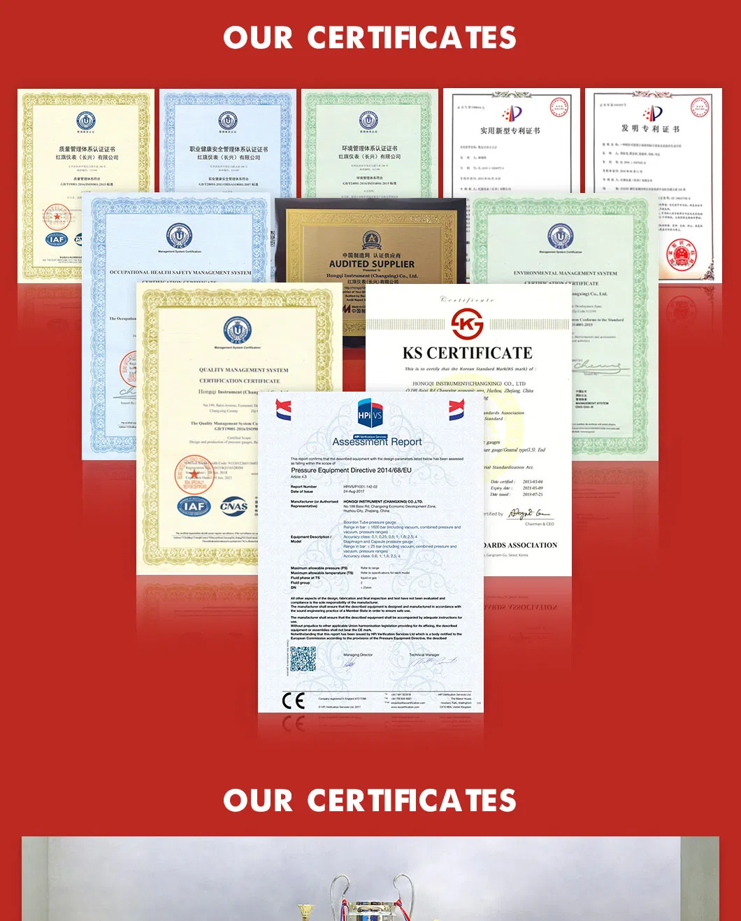 Hongqi ® 2.0" Machinery Liquid Burdon Tube Pressure Gauge with Compound Scale Pointer Reading Manometer Manufacture in Zhejiang Province