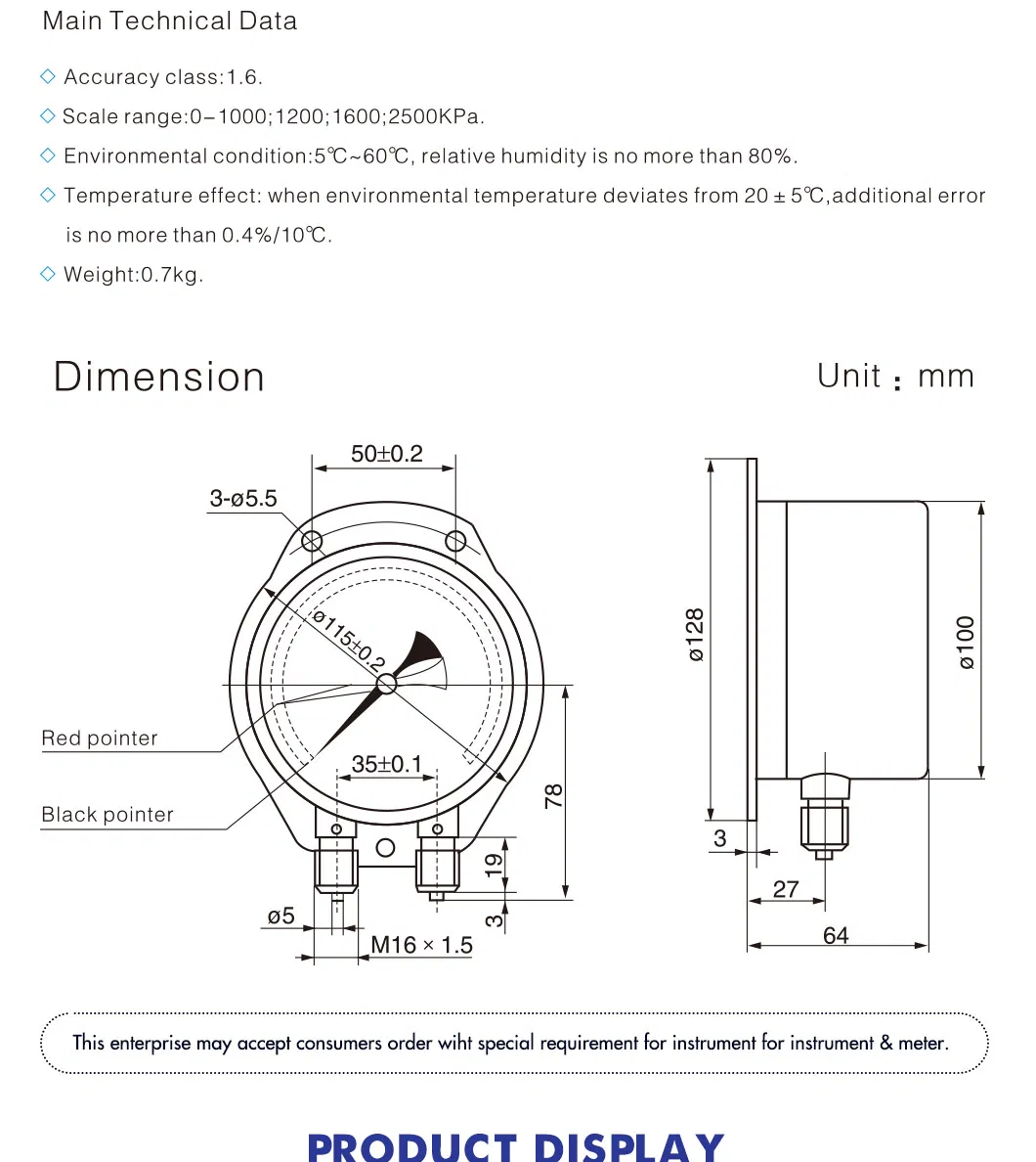 Hongqi ® Red Pointer with Black Pointer Railway Use Pressure Gauge 0-1600kpa