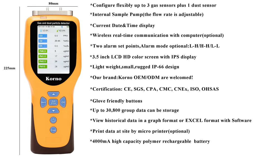 Portable Multi Gas Detector Portable Air Quality Monitor 3 in 1 Gas Detector (3 gases)